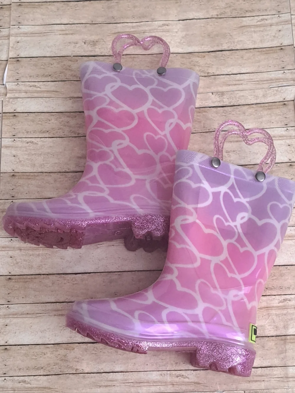 Western Cheif Lighted Up Girl's Pink Heart Pattern Rain Boots Size 8